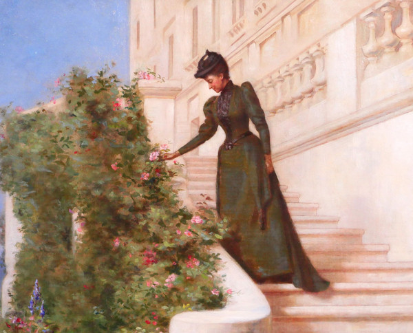 Jessie Marian ISAACS, Woman Picking a Rose in Front of a Castle, painting, New York, 1892