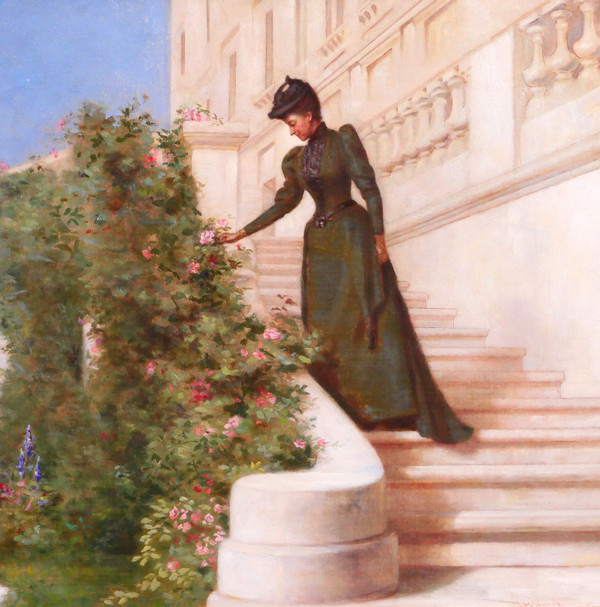 Jessie Marian ISAACS, Woman Picking a Rose in Front of a Castle, painting, New York, 1892