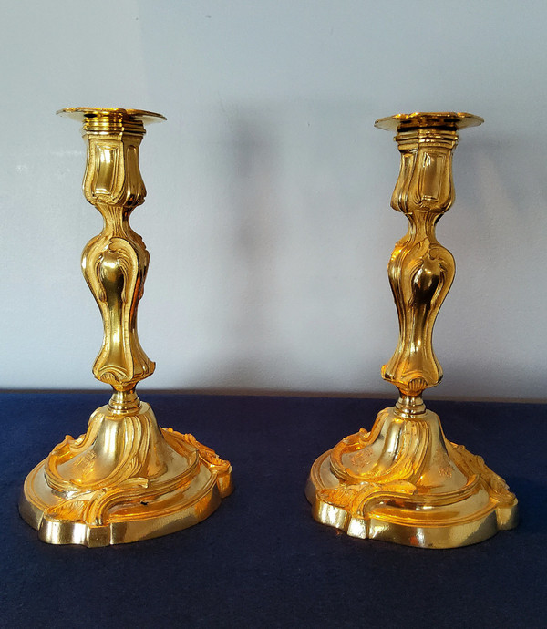 Pair of Candlesticks in Chiseled and Gilded Bronzes - Louis XV Style 