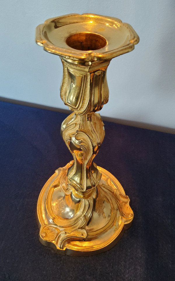 Pair of Candlesticks in Chiseled and Gilded Bronzes - Louis XV Style 