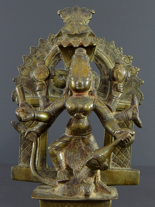 India, 17th Century Or Earlier, Bronze Group Representing The Goddess Durga.