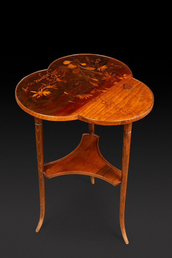 Art Nouveau Guéridon with Trillobed Top in Marquetry Decorated with Flowers by ÉMILE GALLÉ: