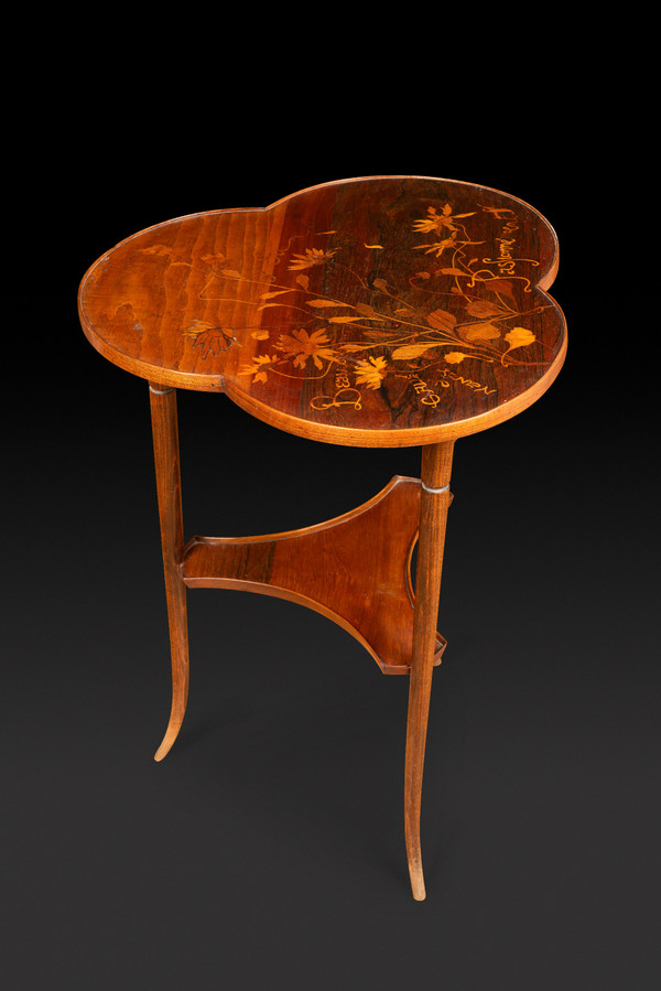 Art Nouveau Guéridon with Trillobed Top in Marquetry Decorated with Flowers by ÉMILE GALLÉ: