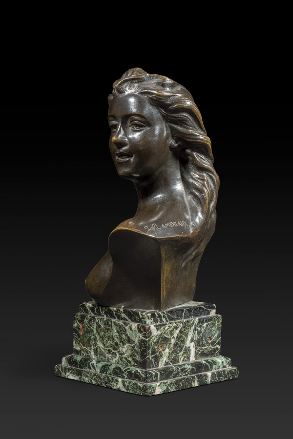 « Buste de jeune femme » en bronze de JEF LAMBEAUX (1852-1908) :