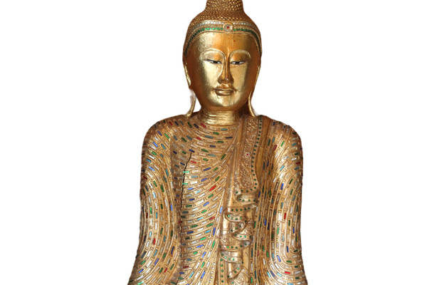 A large standing Buddha in gilded and inlaid wood, Thailand, 20th century 