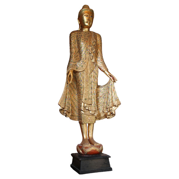 A large standing Buddha in gilded and inlaid wood, Thailand, 20th century 