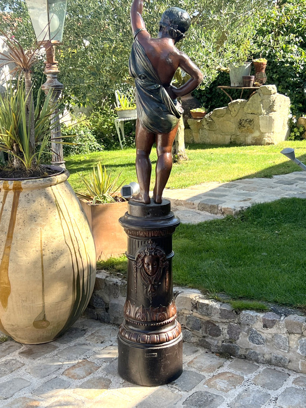 ANTOINE DURENNE 1822-1895 / CHERUBIN TORCHERE HOLDER IN POLYCHROME PATINATED CAST IRON