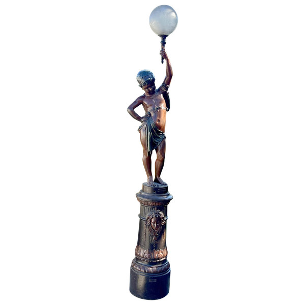 ANTOINE DURENNE 1822-1895 / CHERUBIN TORCHERE HOLDER IN POLYCHROME PATINATED CAST IRON