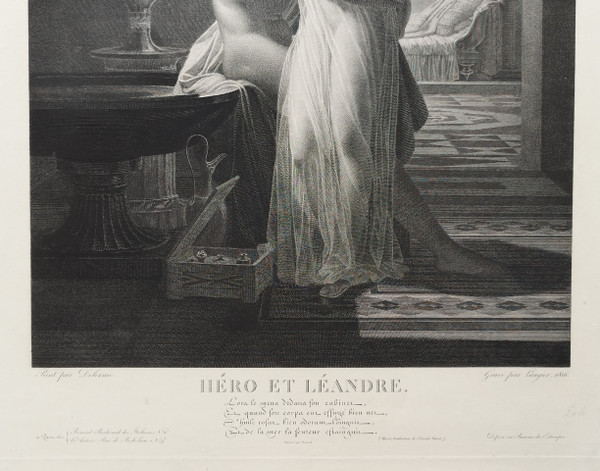 Gravure Mythologique Néoclassique Héro Et Léandre d'Après Delorme