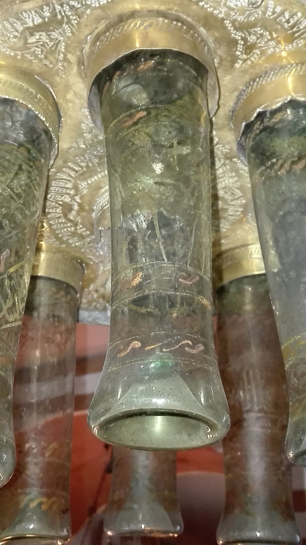 19th century mosque lamp fitted with 6 caligraphed glasses, openwork brass