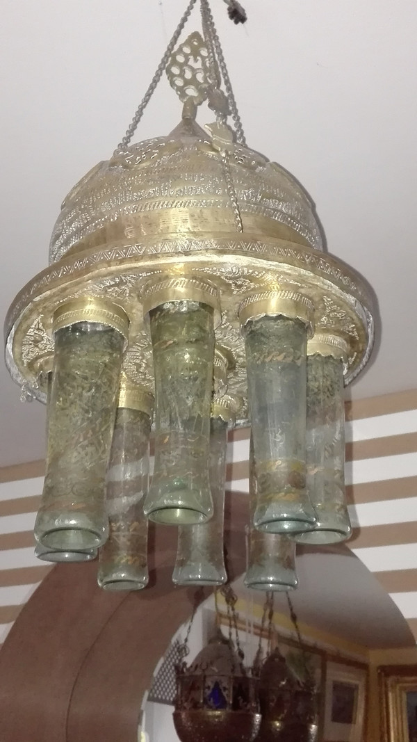 19th century mosque lamp fitted with 6 caligraphed glasses, openwork brass