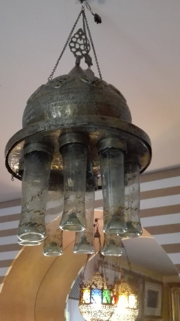 19th century mosque lamp fitted with 6 caligraphed glasses, openwork brass