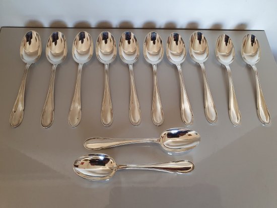 12 Moka spoons , silver , Filet , XX°.