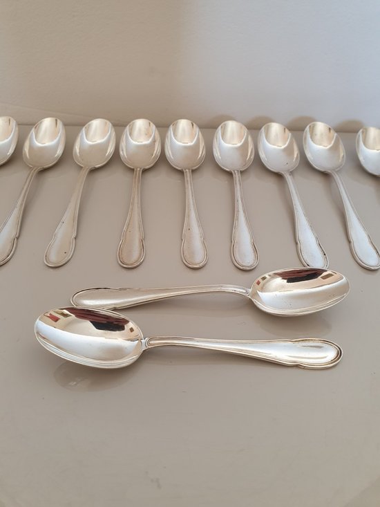 12 Moka spoons , silver , Filet , XX°.