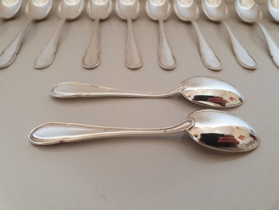 12 Moka spoons , silver , Filet , XX°.