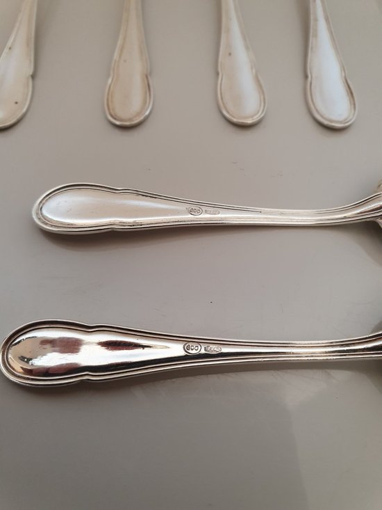 12 Moka spoons , silver , Filet , XX°.