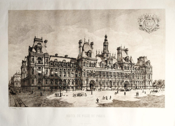 Pariser Rathaus von Eugène Sadoux, Gravur aus dem Jahr 1886