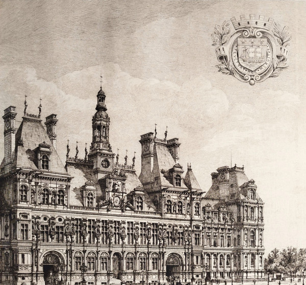 Pariser Rathaus von Eugène Sadoux, Gravur aus dem Jahr 1886