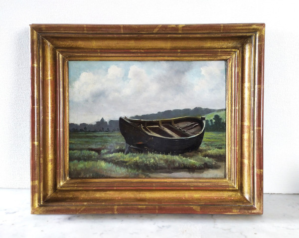 Oil Painting  Landscape At The Boat 19th Centuty