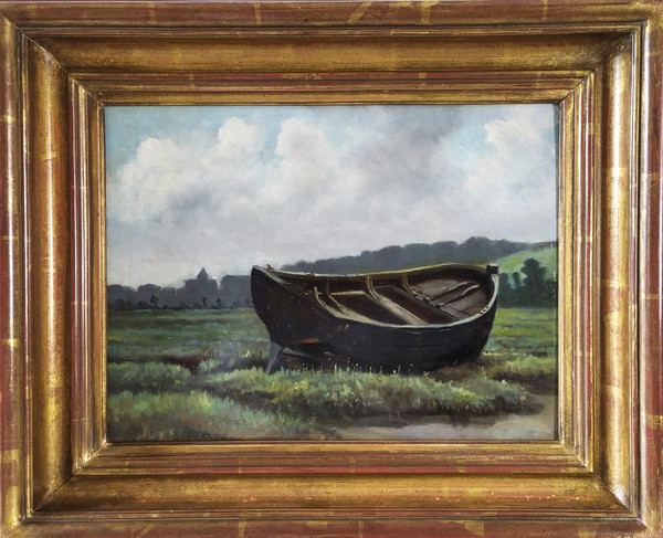 Oil Painting  Landscape At The Boat 19th Centuty