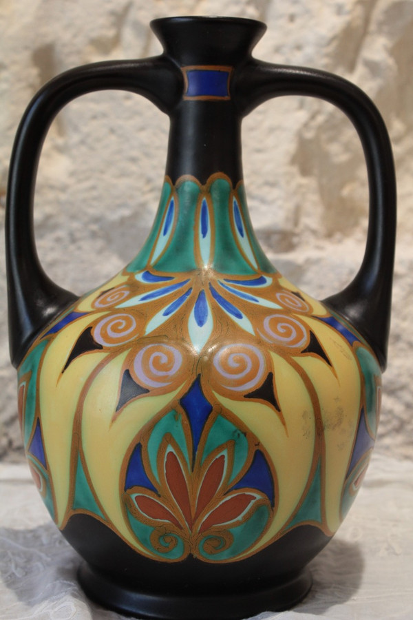 Vase with two handles in glazed ceramic, Holland circa 1930