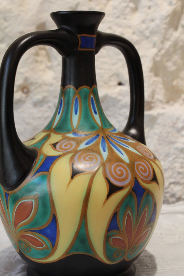 Vase with two handles in glazed ceramic, Holland circa 1930