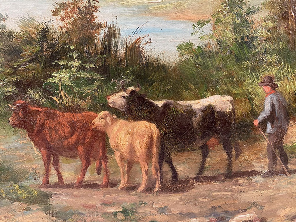 "Paysage aux vaches", großes Öl auf Leinwand 19. Jahrhundert signiert E.Perrier