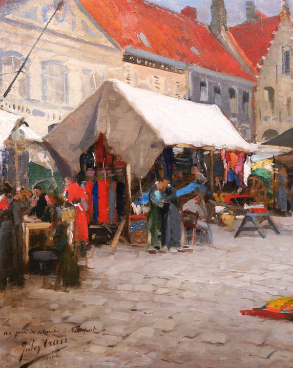 Jules Cran painting market Belgium Nieuwpoort impressionism Art Nouveau