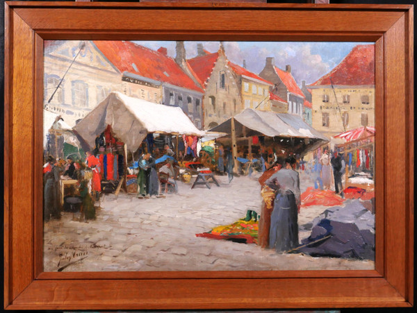 Jules Cran painting market Belgium Nieuwpoort impressionism Art Nouveau