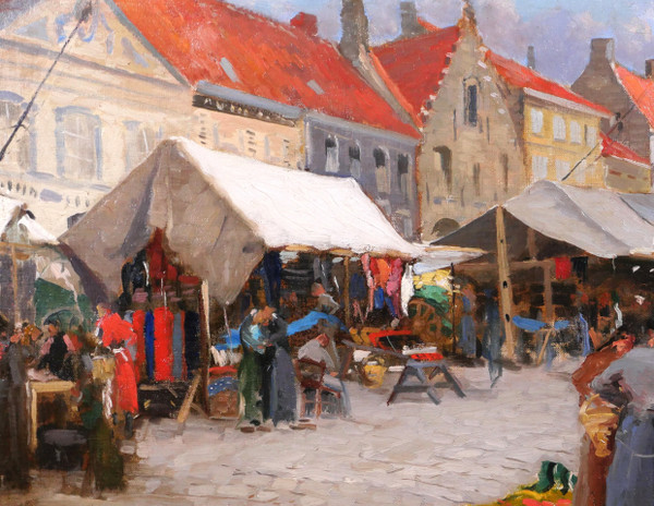 Jules Cran painting market Belgium Nieuwpoort impressionism Art Nouveau