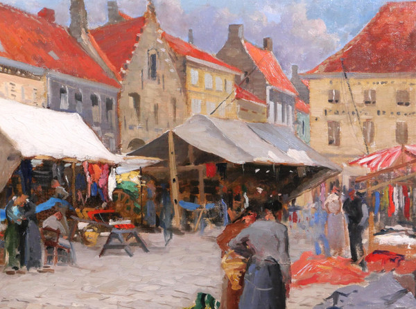 Jules Cran painting market Belgium Nieuwpoort impressionism Art Nouveau