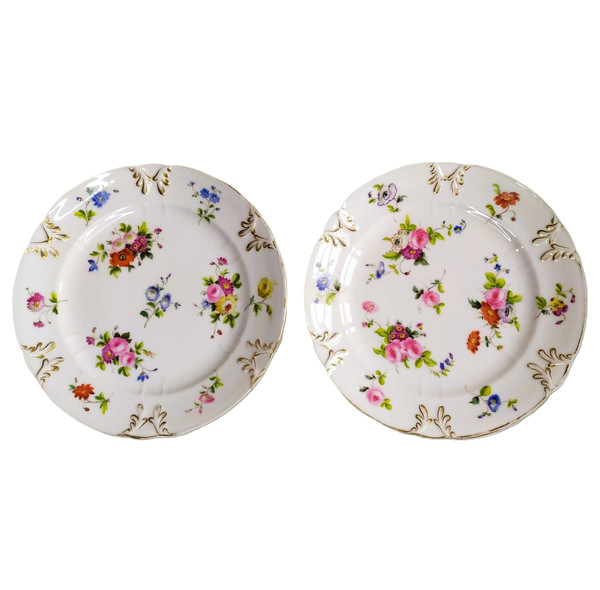 Pair Plates In Hand-painted Porcelain With Flowers Roses 19th c