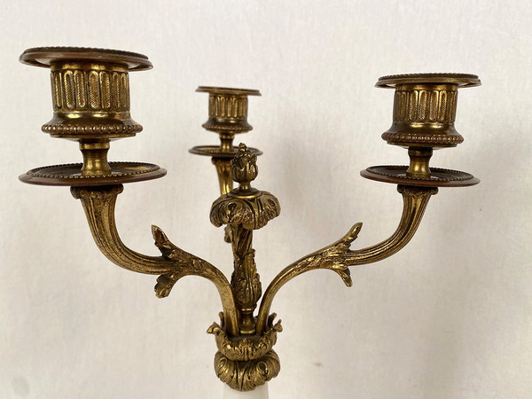 Pair of ormolu and white marble candelabra in the Louis XVI style