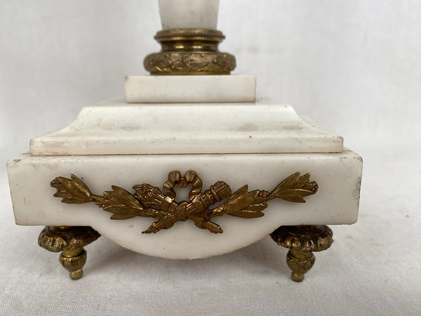 Pair of ormolu and white marble candelabra in the Louis XVI style