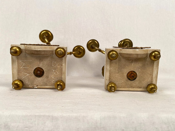 Pair of ormolu and white marble candelabra in the Louis XVI style