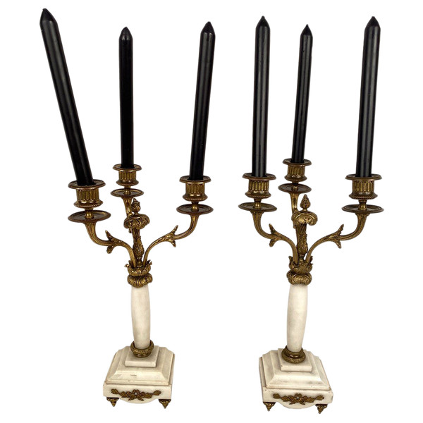 Pair of ormolu and white marble candelabra in the Louis XVI style