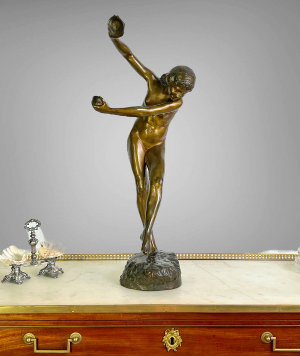 Grande ballerina in bronzo con cimbali firmata Dupuy Fondeur timbro Susse Frères