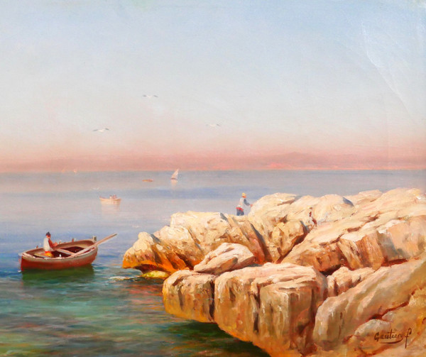 François GAUTIER Barcaccia, Marsiglia, dipinto paesaggio marino barca pesca Provenza