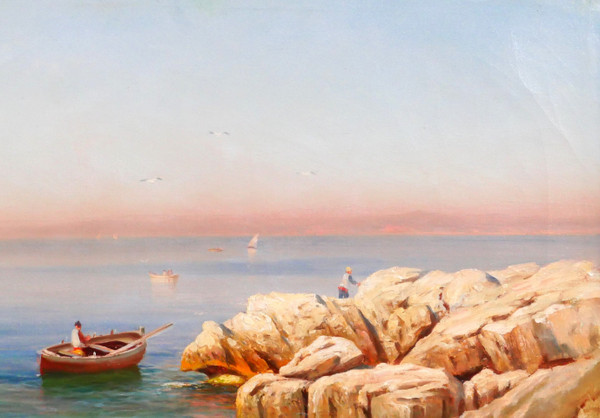 François GAUTIER Barcaccia, Marsiglia, dipinto paesaggio marino barca pesca Provenza