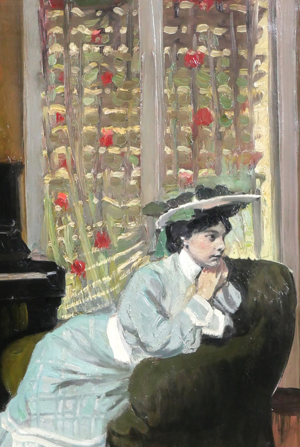 Auguste AUGLAY 1876-1920 Sitzende Frau in ihrem Interieur am Klavier, Gemälde, 1903