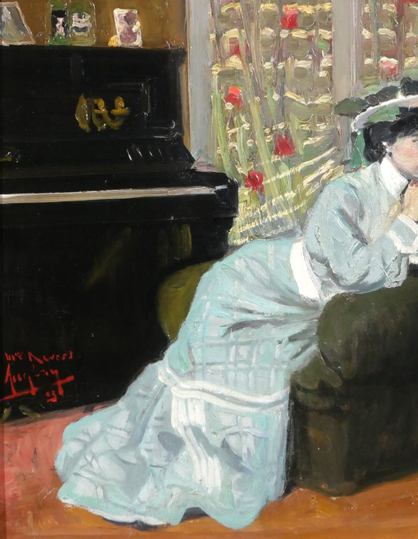 Auguste AUGLAY 1876-1920 Sitzende Frau in ihrem Interieur am Klavier, Gemälde, 1903