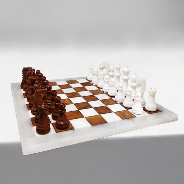 1970s Gorgeous Brown and White Chess Set in Volterra Alabaster Handmade Made in Italy