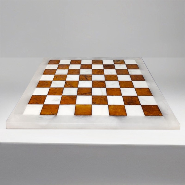 1970s Gorgeous Brown and White Chess Set in Volterra Alabaster Handmade Made in Italy