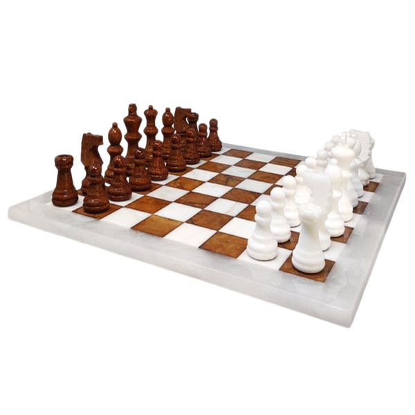 1970s Gorgeous Brown and White Chess Set in Volterra Alabaster Handmade Made in Italy