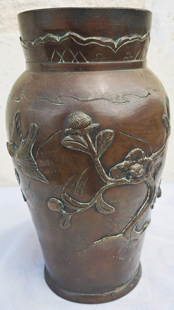 Vase en Bronze Japonais de l'Époque Meiji avec Oiseaux et Fleurs