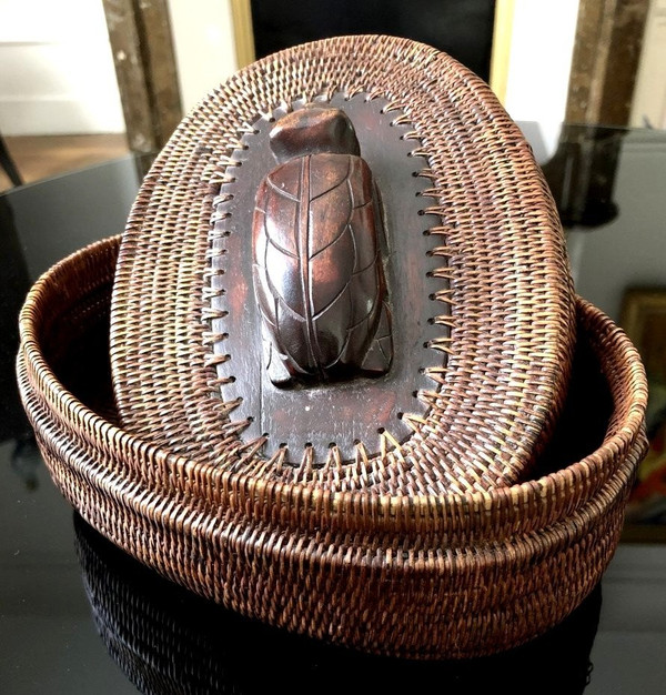 Indonesia, Island of Lombok, Mid-20th Century, Basketry Box. Decorated With A Turtle.