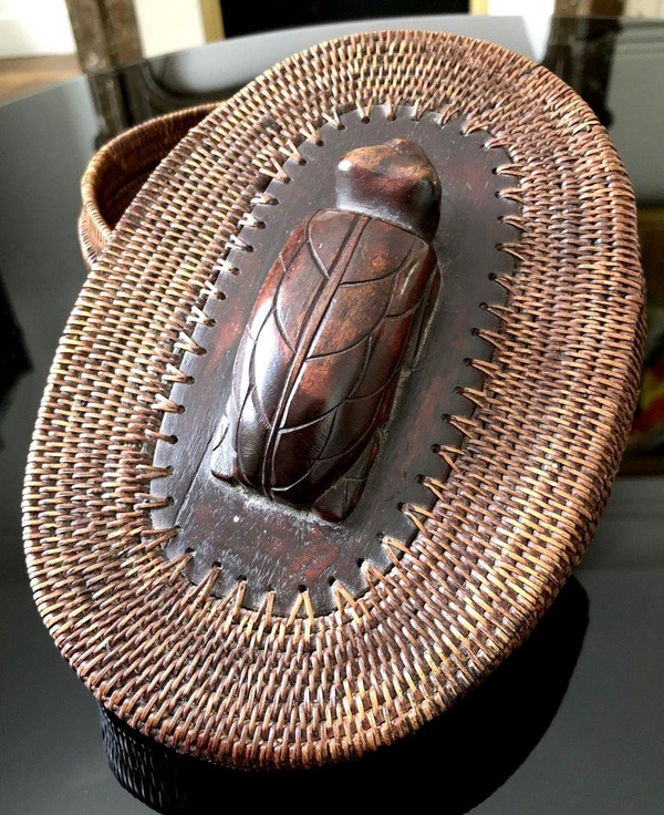 Indonesia, Island of Lombok, Mid-20th Century, Basketry Box. Decorated With A Turtle.