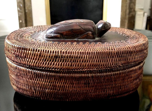 Indonesia, Island of Lombok, Mid-20th Century, Basketry Box. Decorated With A Turtle.