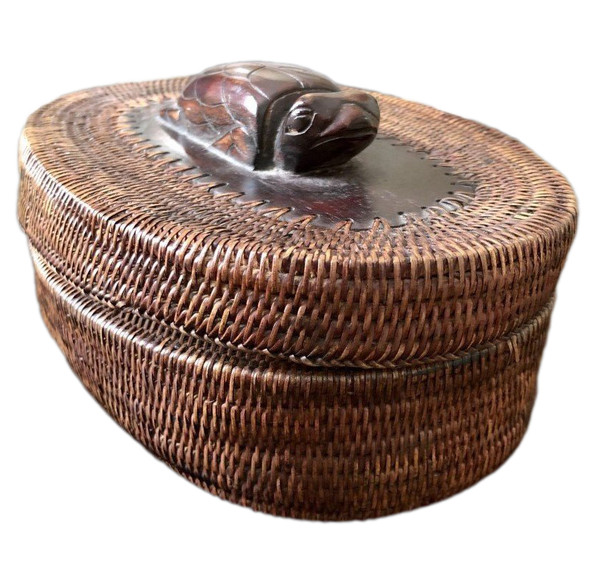 Indonesia, Island of Lombok, Mid-20th Century, Basketry Box. Decorated With A Turtle.