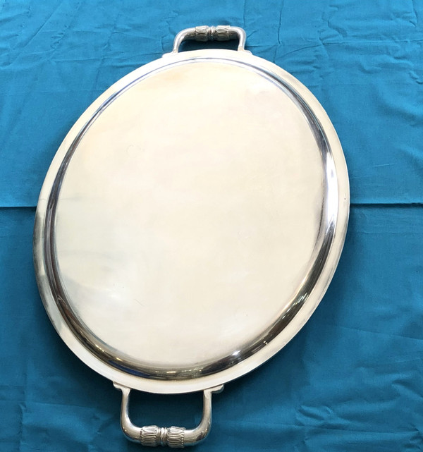 large oval serving tray with CHRISTOFLE handles, MALMAISON model, silver metal